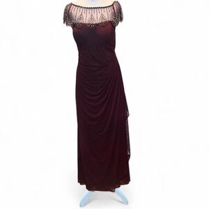 Long Burgundy Glamour Gown. Gold Bling Accents. Size 14. P-P20”L55”